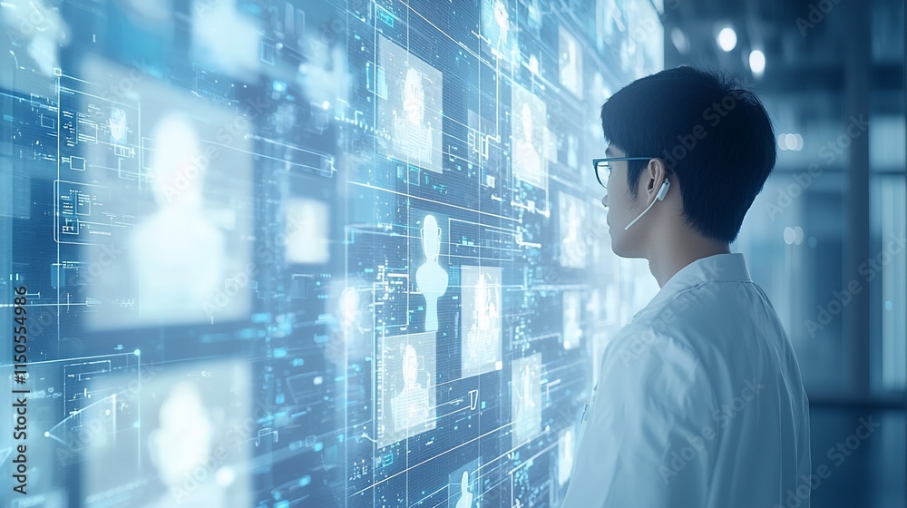 Poster a man reviews digital patient data on a large screen