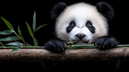 Obraz premium Adorable panda cub eating bamboo.
