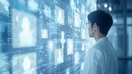 Fototapeta premium A Man Reviews Digital Patient Data On A Large Screen
