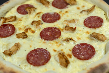 details of the pizza application; juicy pizza from the oven with mushrooms, tomatoes and bacon and sprinkled with parmesan cheese