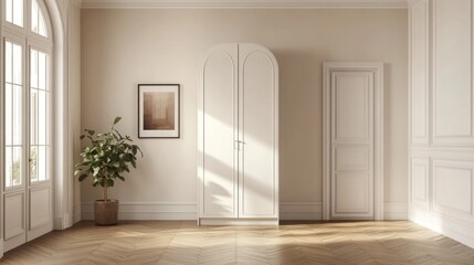 Sunlit minimalist room with arched wardrobe, plant, and parquet floor.