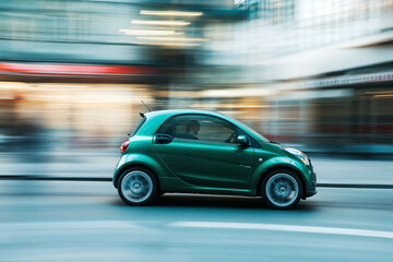 Electric car moving fast in the urban city street with motion blur, sustainable green transportation concept