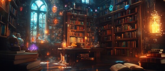 Obraz premium A warm and inviting room features a glowing fireplace, surrounded by shelves filled with books. Soft light illuminates the cozy space, creating a peaceful atmosphere perfect for reading.