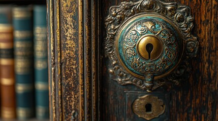 Intricate antique door lock close-up with vintage books in the background