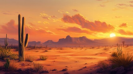 Serene Desert Sunset with Cacti and Mountains in the Background