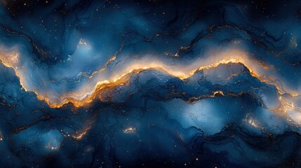 Naklejka premium Abstract cosmic flow: luminous golden and blue nebula in outer space