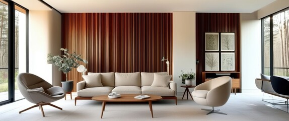 Mid-century modern living room, floor-to-ceiling windows, wooden paneled walls, neutral color palette, minimalist furniture, leather lounge chair, potted plants, natural light, spacious interior, clea