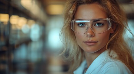 Fototapeta premium Confident scientist in protective glasses in modern laboratory environment