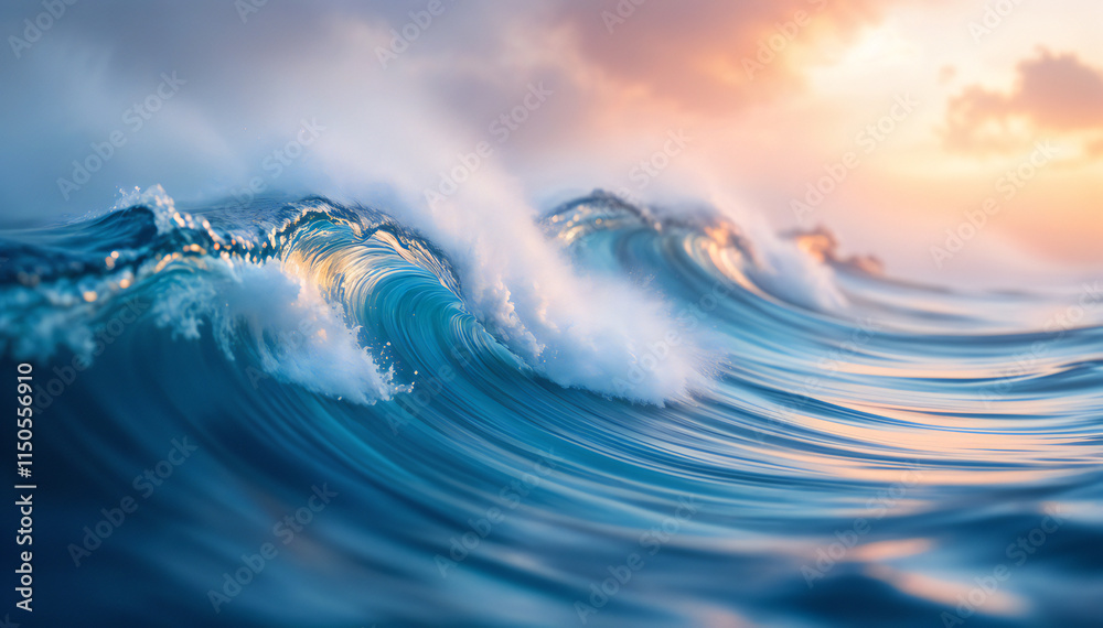 Wall mural waves crashing with vibrant shades of blue and hints of white foam, under a soft, colorful sky at su