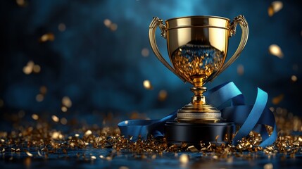 Golden trophy amidst shimmering confetti with blue ribbon accents on a dark background