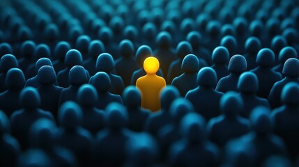 Obraz premium Unique yellow figure standing out in a crowd of blue figures
