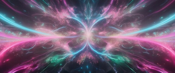 Abstract cosmic energy, swirling neon colors, vibrant pink and teal, chaotic light streams, fractal patterns, dynamic flow, galactic vortex, ethereal space art, glowing tendrils, cosmic dance, psyched