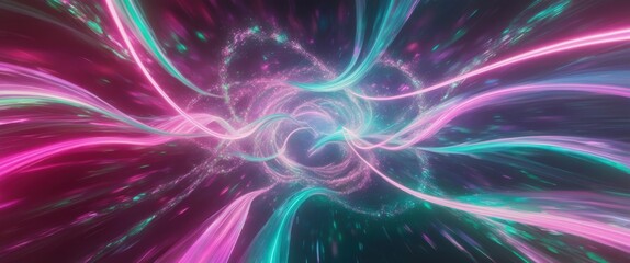 Fototapeta premium Abstract cosmic energy, swirling neon colors, vibrant pink and teal, chaotic light streams, fractal patterns, dynamic flow, galactic vortex, ethereal space art, glowing tendrils, cosmic dance, psyched