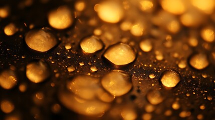 Golden Water Droplets Illuminated Surface