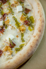 details of the pizza application; juicy pizza from the oven with mushrooms, tomatoes and bacon and sprinkled with parmesan cheese