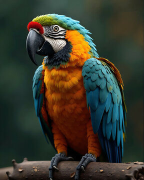 Retrato de uma arara brasileira, pousada em um galho, na natureza.