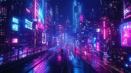 Obraz premium Vibrant Neon Cityscape at Night with Futuristic Urban Atmosphere