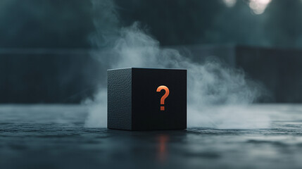 Unveiling the Enigma: A glowing question mark on a mysterious black box shrouded in fog. What secrets lie within?