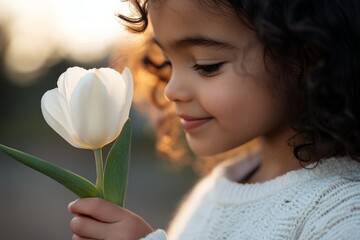 Young girl admires a white tulip while enjoying a serene outdoor moment during golden hour