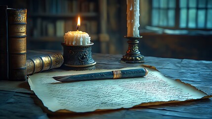 A lit candle illuminates antique books and a quill pen resting on parchment paper on a wooden desk.