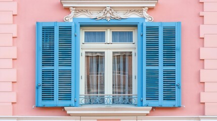 Fototapeta premium Light beige window with light blue shutters on a pale pink building exterior.