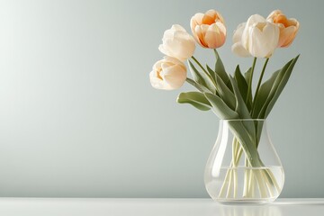 Elegant arrangement of orange and white tulips in a clear glass vase on a simple background