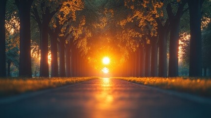 Fototapeta premium Golden sunlight illuminates a pathway lined with trees at dawn.