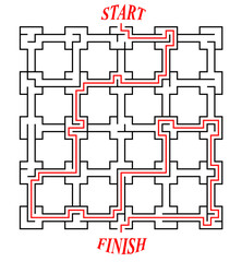 Unusual maze in a shape of a grid. Easy difficulty level black and white labyrinth with solution. Nice brainstorm puzzle