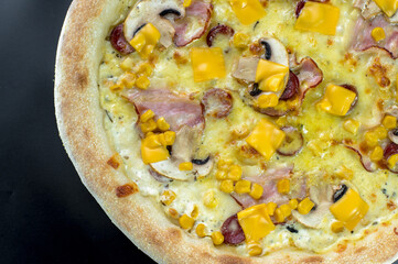 details of the pizza application; juicy pizza from the oven with mushrooms, tomatoes and bacon and sprinkled with parmesan cheese