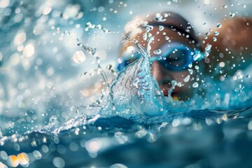 A person is swimming in the water with a splash of water
