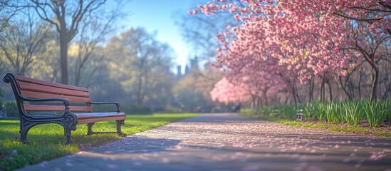 Obraz premium Empty bench in a park with cherry blossoms.