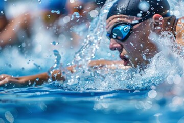 A man is swimming in a pool with goggles on