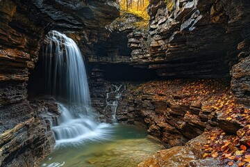 Autumn Waterfall Cascading Through Rocky Gorge