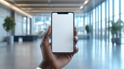 Hand holding smartphone with blank screen in modern office.