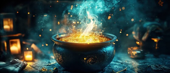 Mystical cauldron bubbling over in an enchanted forest with glowing symbols and ethereal atmosphere during twilight