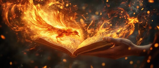 Hand holds an ancient book as a phoenix rises in flames, showcasing a magical scene of transformation and rebirth