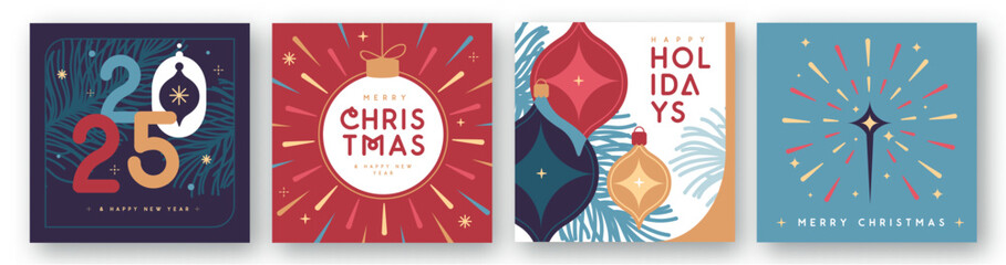 Set of Merry Christmas and Happy New Year greeting cards, covers or posters with holiday attributes. Christmas background. Flat design. Vector illustration © annbozhko