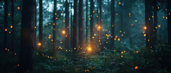 Magical forest illuminated by glowing lanterns at twilight creating an enchanting atmosphere of tranquility and wonder