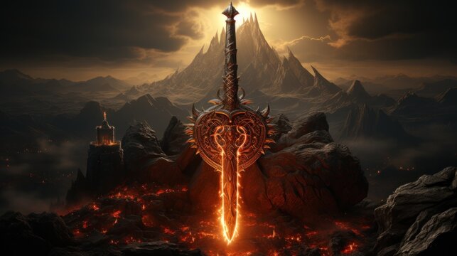 Diablo IV: Flaming Sword in Volcanic Landscape