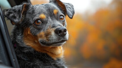 Charming dog enjoys a scenic autumn drive with vibrant fall colors