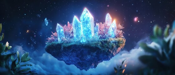 Majestic floating island with luminous crystals and vibrant greenery under a starry sky