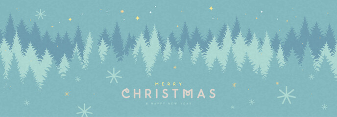 Christmas holiday blue background, greeting card or banner with night fir tree forest. Vector illustration