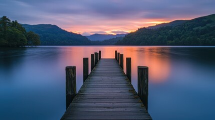 Obraz premium Serene Sunset at Lake District Pier