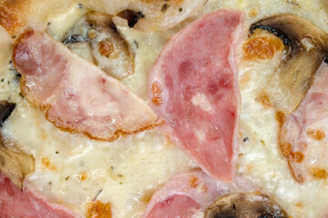 details of the pizza application; juicy pizza from the oven with mushrooms, tomatoes and bacon and sprinkled with parmesan cheese