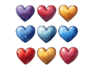 Fototapeta premium Colorful pastel heart illustrations in grid pattern, featuring shades of purple, red, yellow, and blue, conveying cheerful and artistic vibe