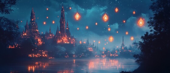 Majestic illuminated cityscape reflects on tranquil waters during twilight sky