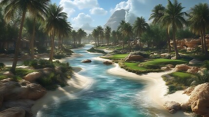 Serene Oasis River Flows Through Palm Tree Oasis