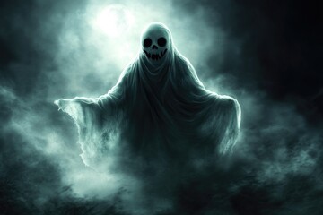 Spooky Specter Scene: Halloween-Themed Ghost Icon Set Against Eerie Background