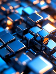 Fototapeta premium Blue Cube Background Texture - Abstract background of blue metallic cubes, reflecting light, creating a sense of depth, technology, and precision. Symbolizing innovation, structure, and digital advanc