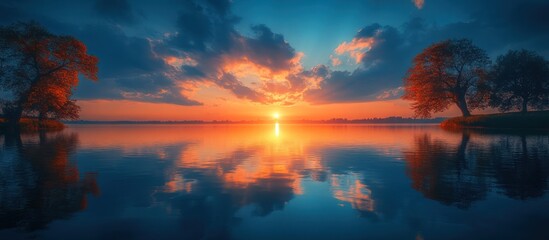 Majestic sunset over serene lake with tree reflections.